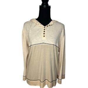 POL Cream Boho Oversized Henley Hooded Sweatshirt | Size S